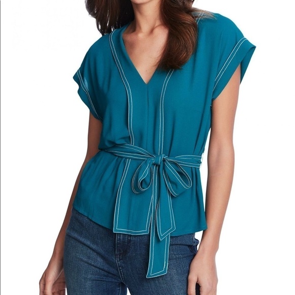 NWT. 1. State 3X Veridian Blooms Contrast Stitch Tie Waist Blouse. - Picture 1 of 9